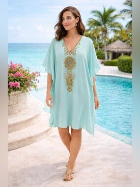 🌸 Vintage Lilly Pulitzer Aqua Embellished Swim Cover Posh Resortwear